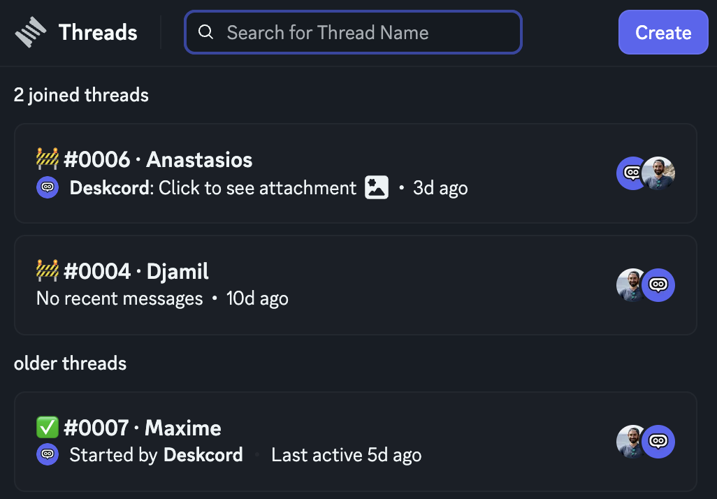 The Threads list of #support: two joined conversations marked ๐ง, #0006 and #0004, and an older one marked โ
, #0007