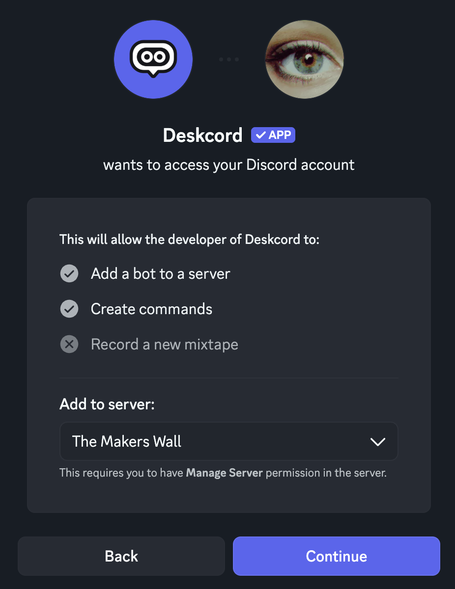 Discord's authorization screen for Deskcord: 'Add a bot to a server' and 'Create commands', the Add to server picker, and the Continue button