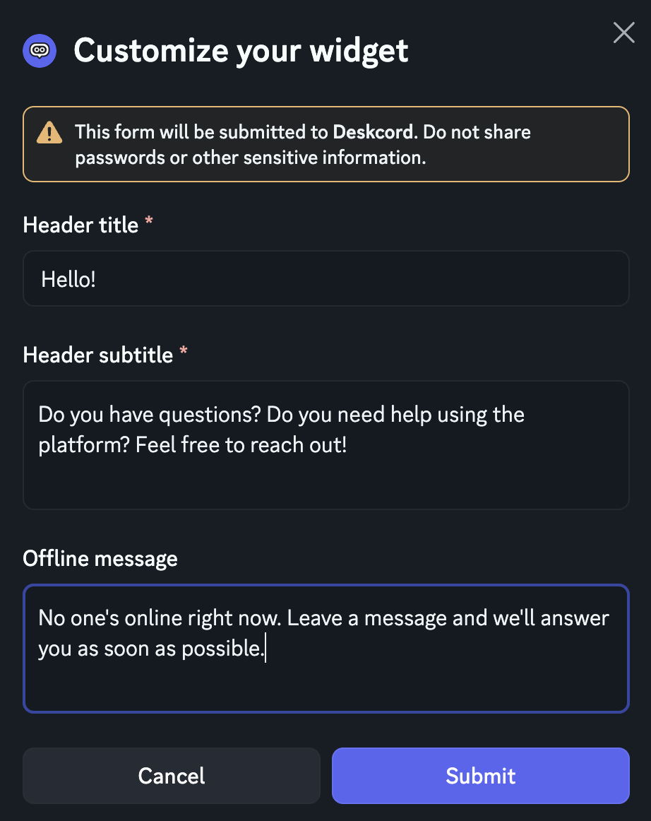 The Customize your widget form in Discord, with Header title 'Hello!', a header subtitle inviting questions, and an offline message