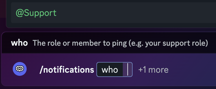 Typing /notifications in Discord, with @Support suggested for the who option