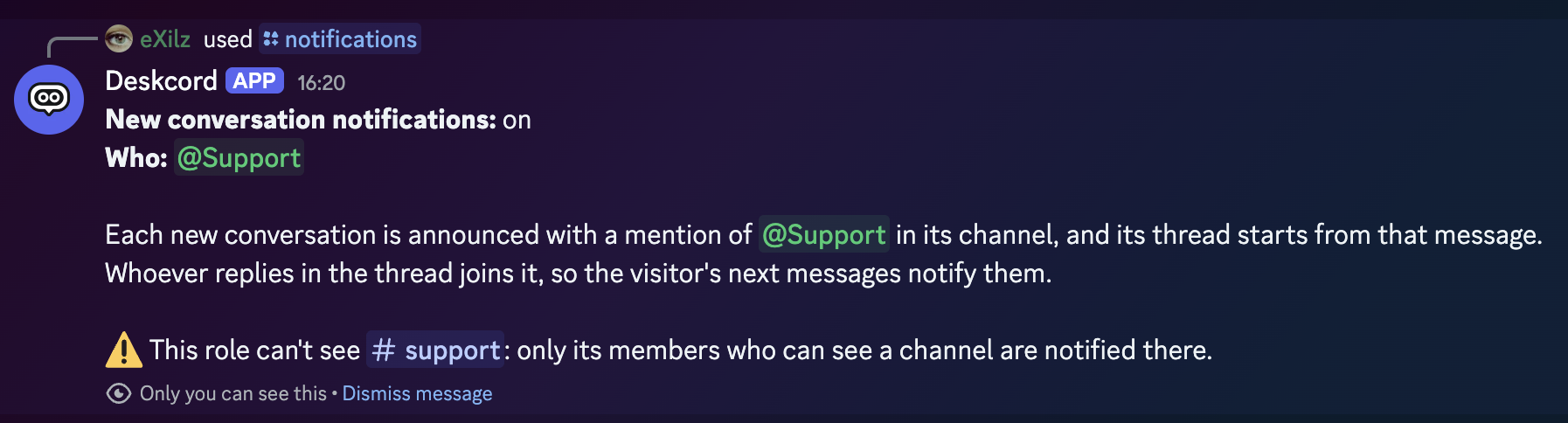 The /notifications reply: 'New conversation notifications: on', 'Who: @Support', the explanation, and a warning that the role can't see the #support channel